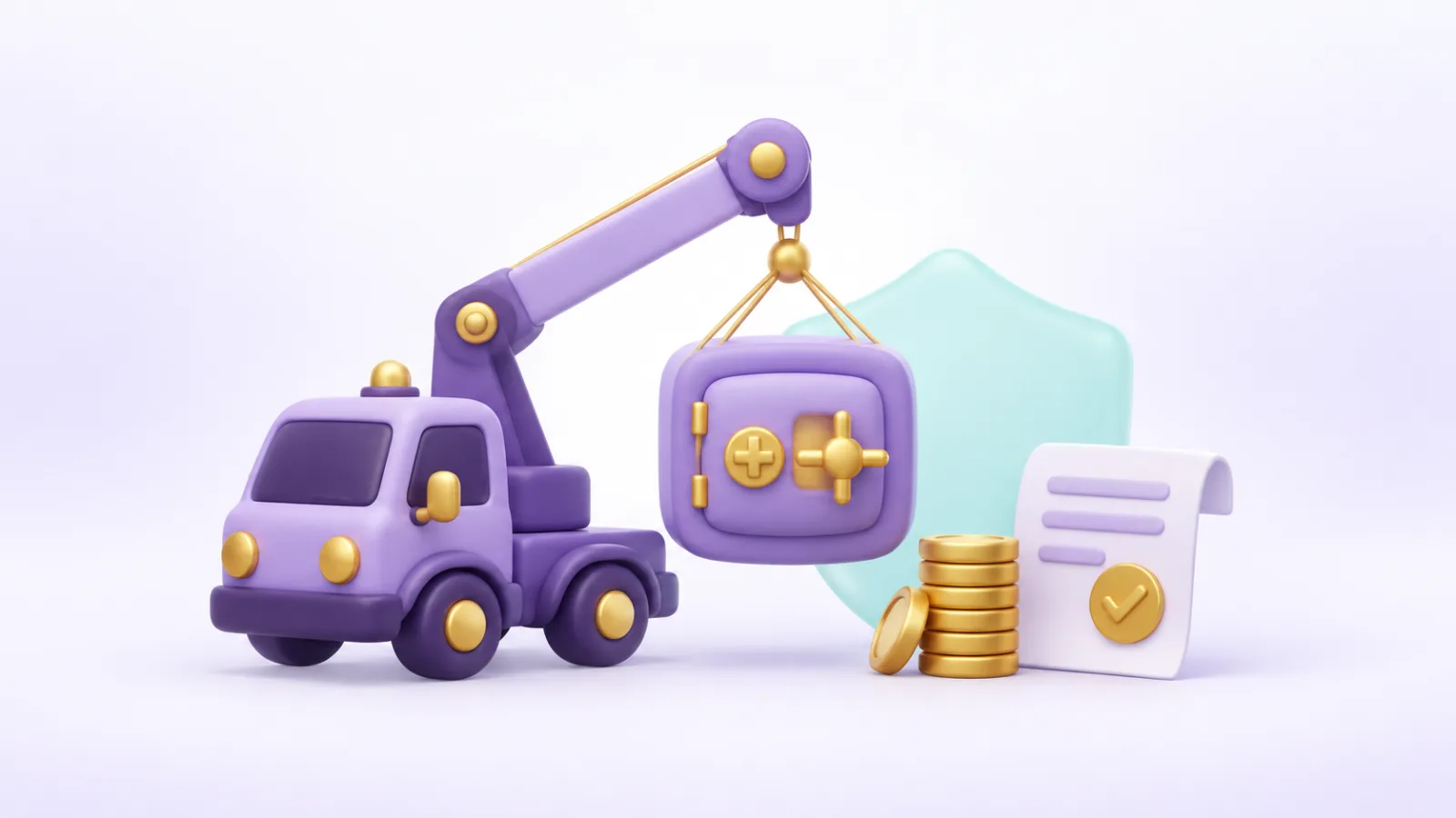 Un petit camion-grue en pâte à modeler violette soulève un coffre-fort devant un bouclier, à côté d'une pile de pièces dorées et d'une facture validée.